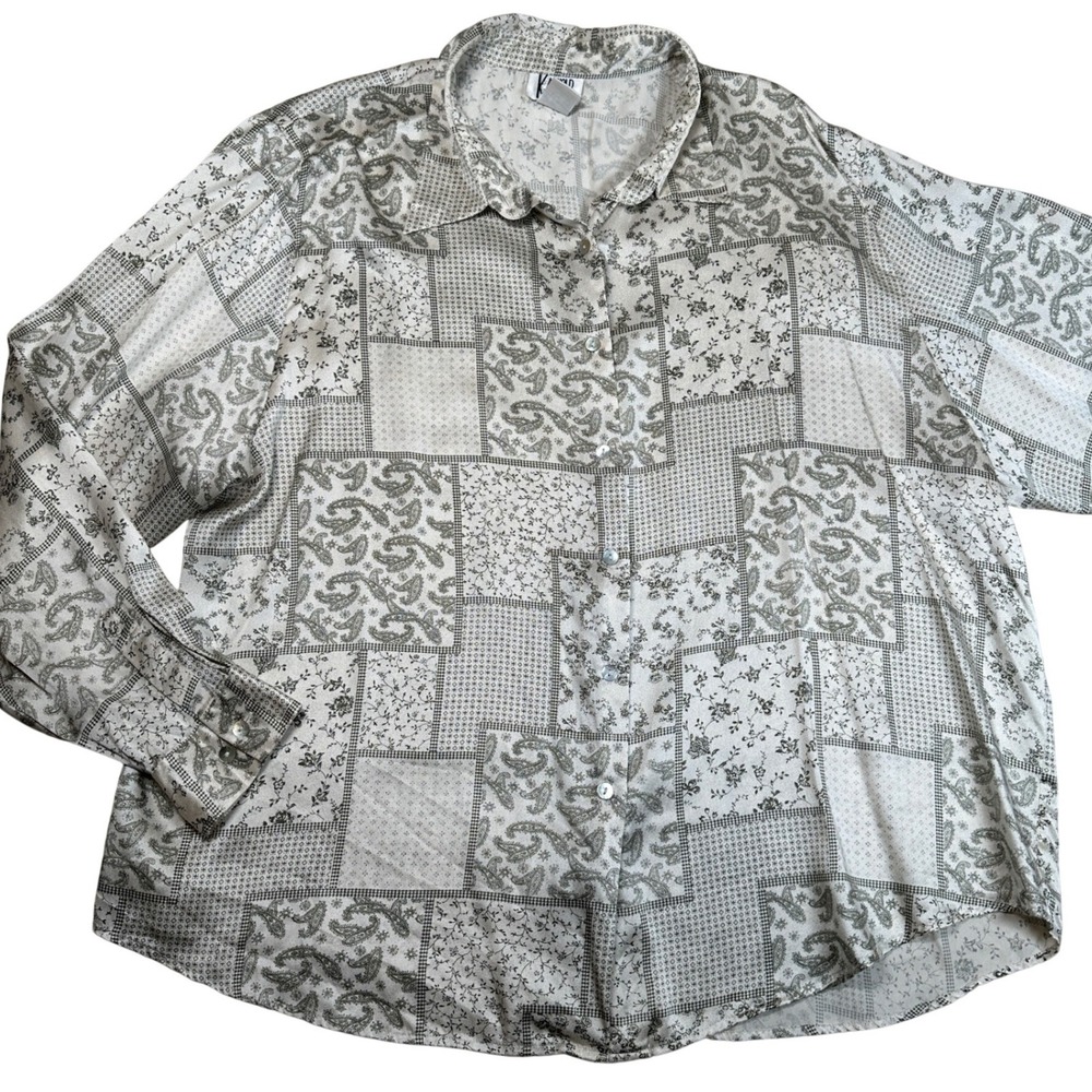 K Arnold Plus 3X Silk Blouse Patchwork Paisley‎ Floral Button Down Shirt